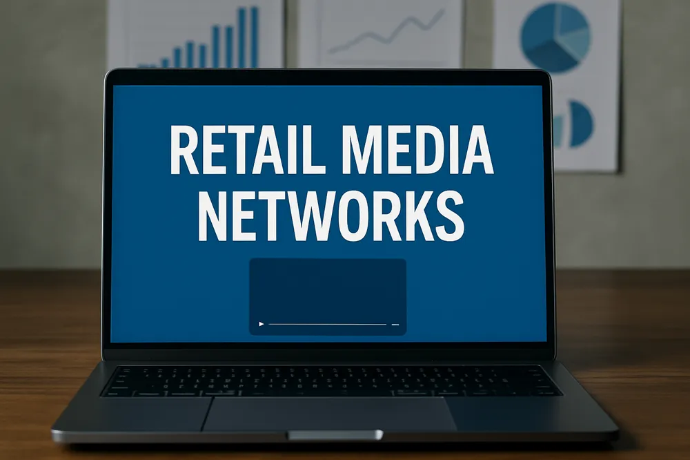 Laptop sobre mesa de madeira com a frase "RETAIL MEDIA NETWORKS" na tela, ao fundo gráficos desfocados.