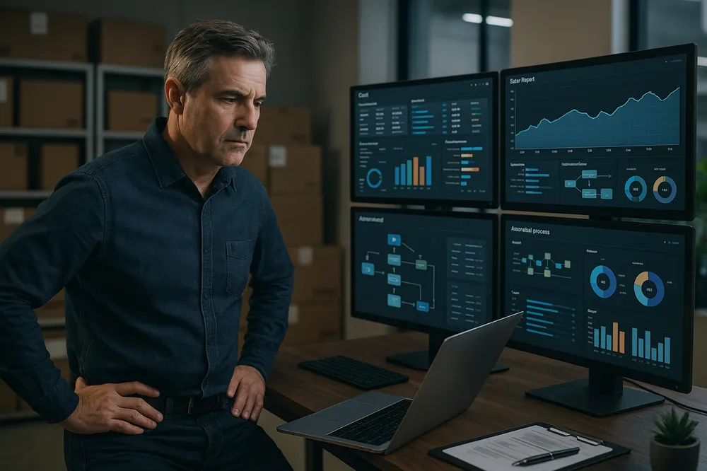 Homem observa monitores com gráficos e dashboards em um escritório moderno.