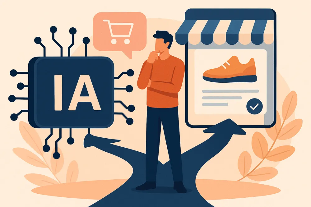 Homem diante da escolha entre inteligência artificial e e-commerce, simbolizada por setas divergentes no chão.