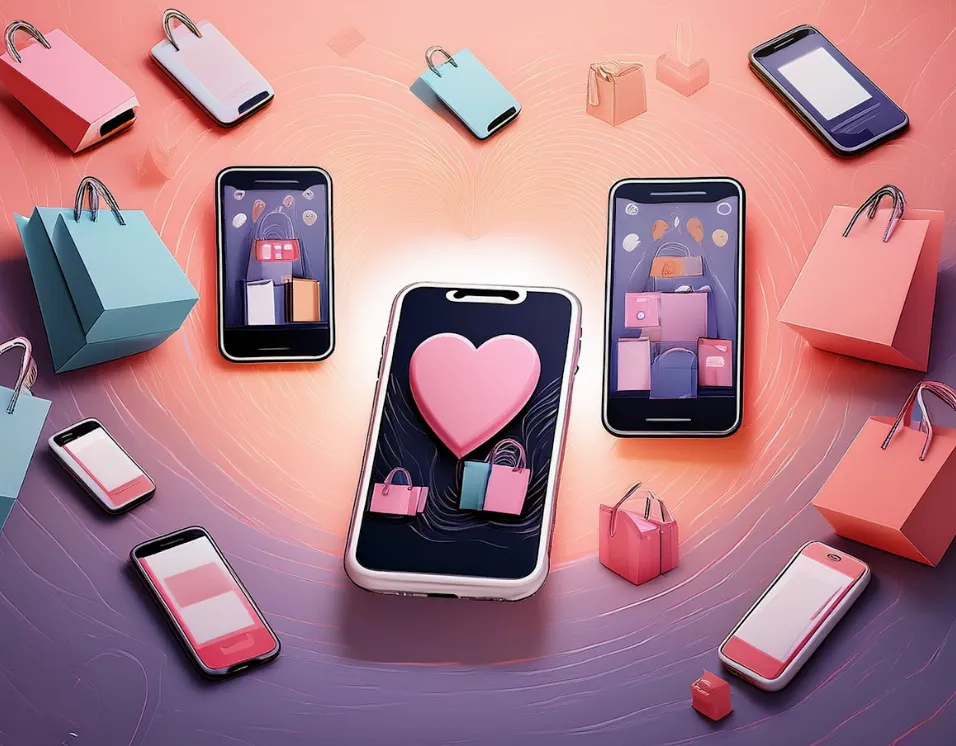 Ilustração de celulares e sacolas de compras.