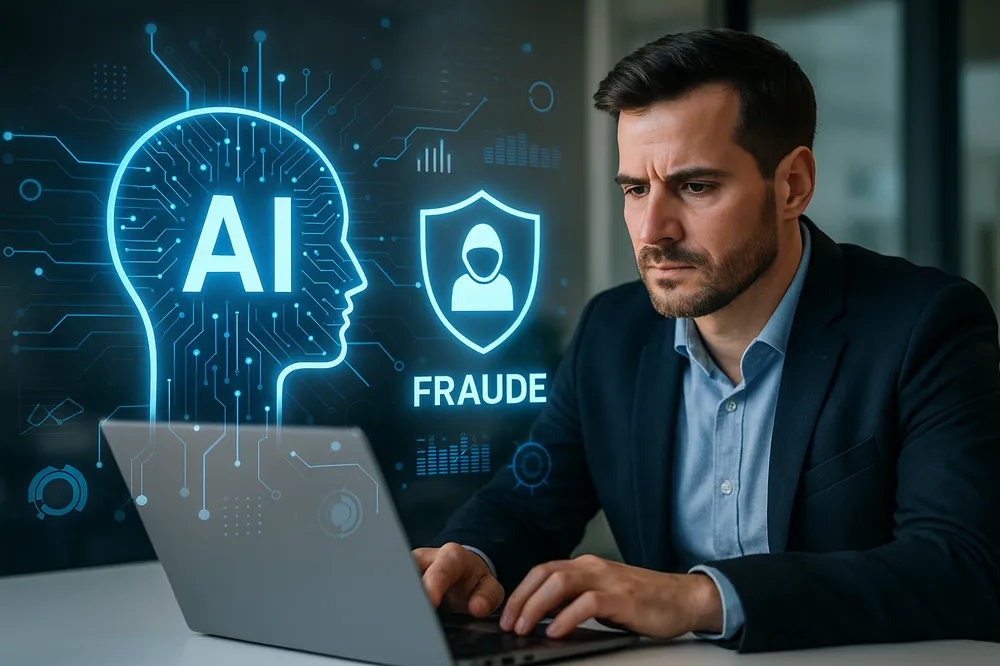 Homem usando laptop em escritório, com hologramas que representam inteligência artificial e proteção contra fraudes.