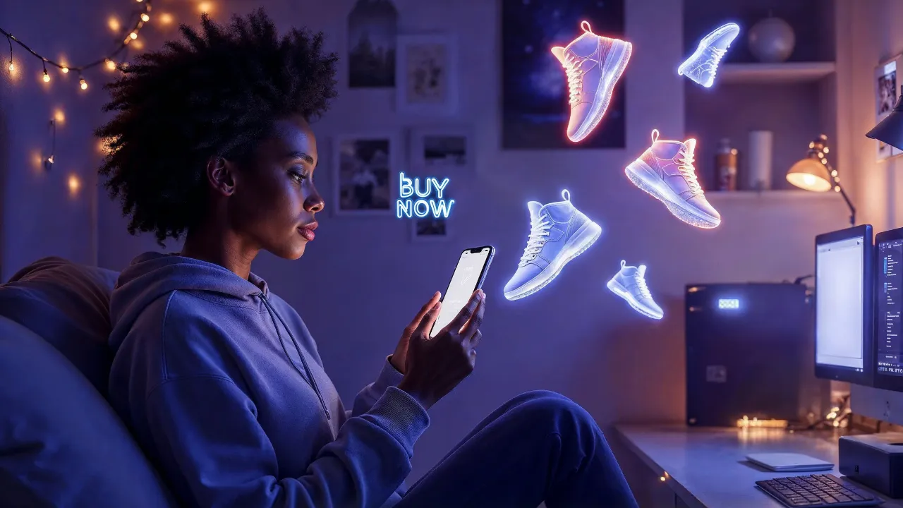 Mulher em um quarto escuro interage com hologramas de tênis pelo celular, em uma experiência de compra online com IA.