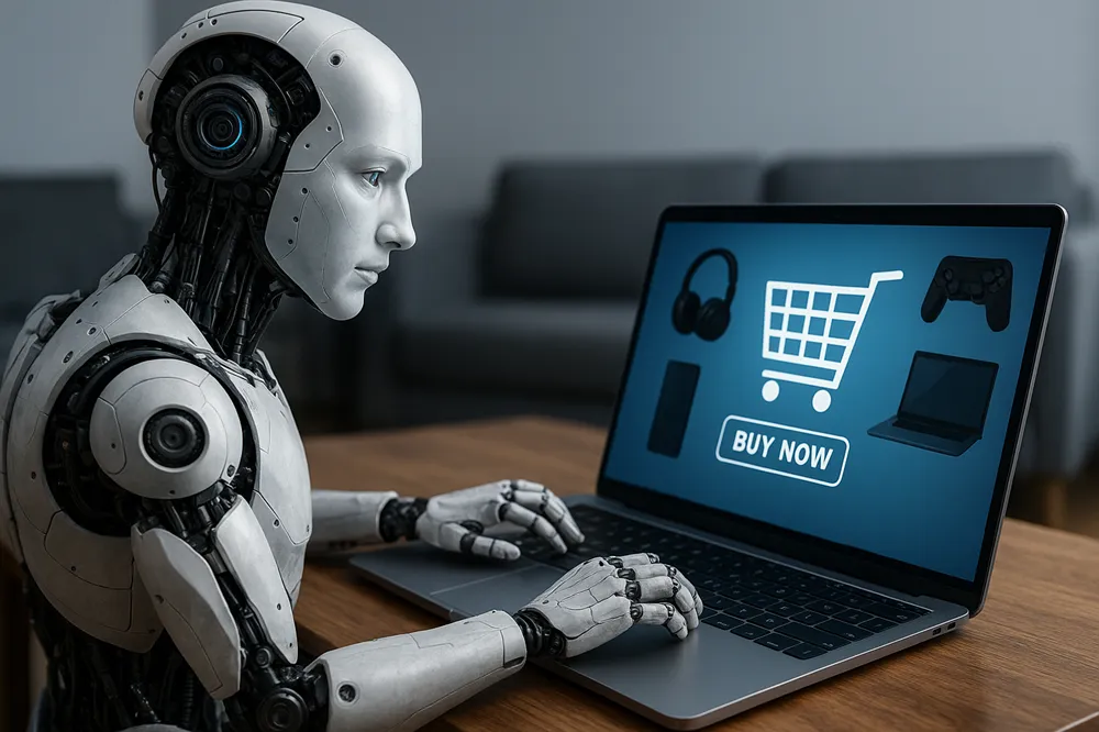 Humanoide robótico interage com um notebook exibindo uma interface de e-commerce com ícones de eletrônicos e botão de compra.