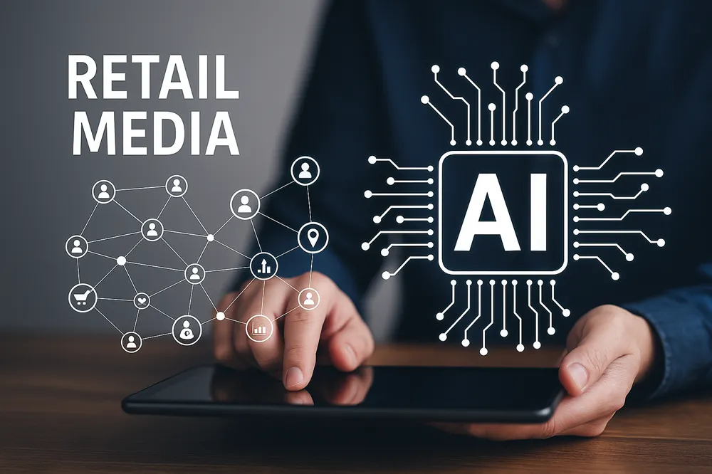 “Retail Media” conectado a “AI” com ícones e circuitos tecnológicos.