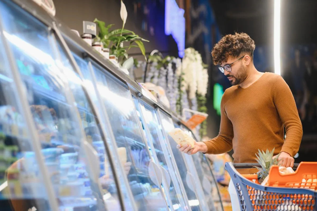 Homem escolhendo comida congelada na geladeira do supermercado