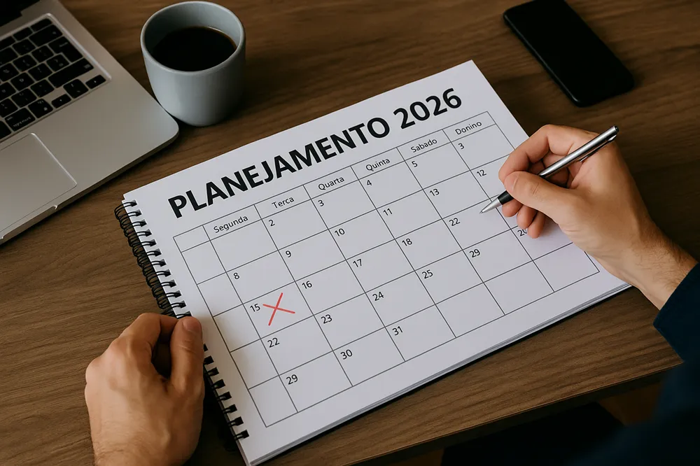 Calendário de planejamento 2026 sobre uma mesa, com mão segurando caneta e data marcada em vermelho.