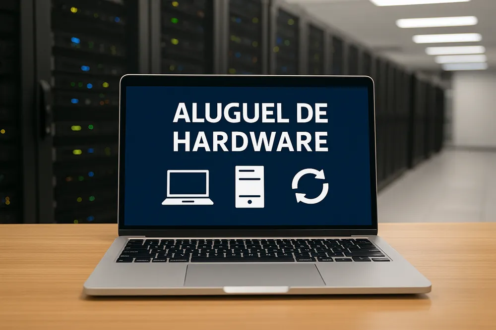 Notebook sobre mesa em frente a servidores, com a tela exibindo a frase “Aluguel de Hardware” e ícones de tecnologia e reciclagem.