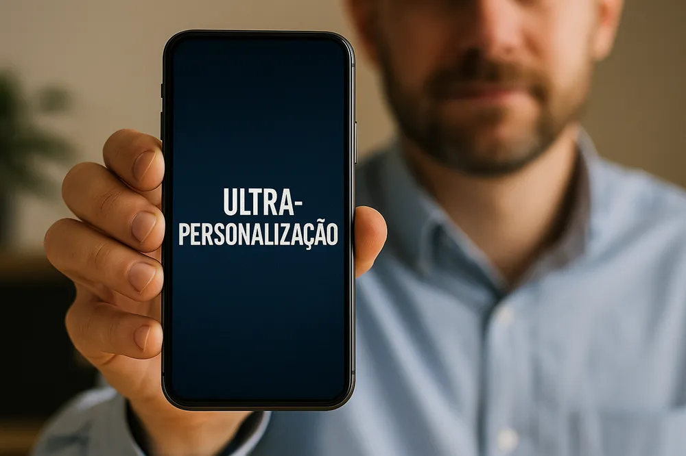 Homem segura um smartphone com a tela exibindo a palavra “ULTRAPERSONALIZAÇÃO” em destaque.