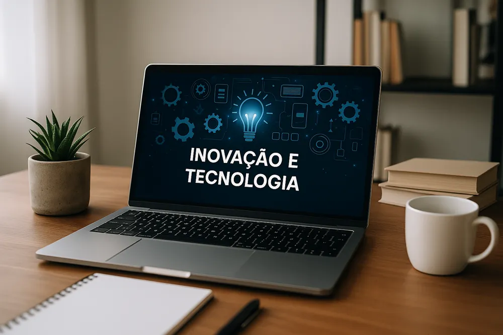 Notebook exibindo “Inovação e Tecnologia” em mesa organizada com itens de escritório.