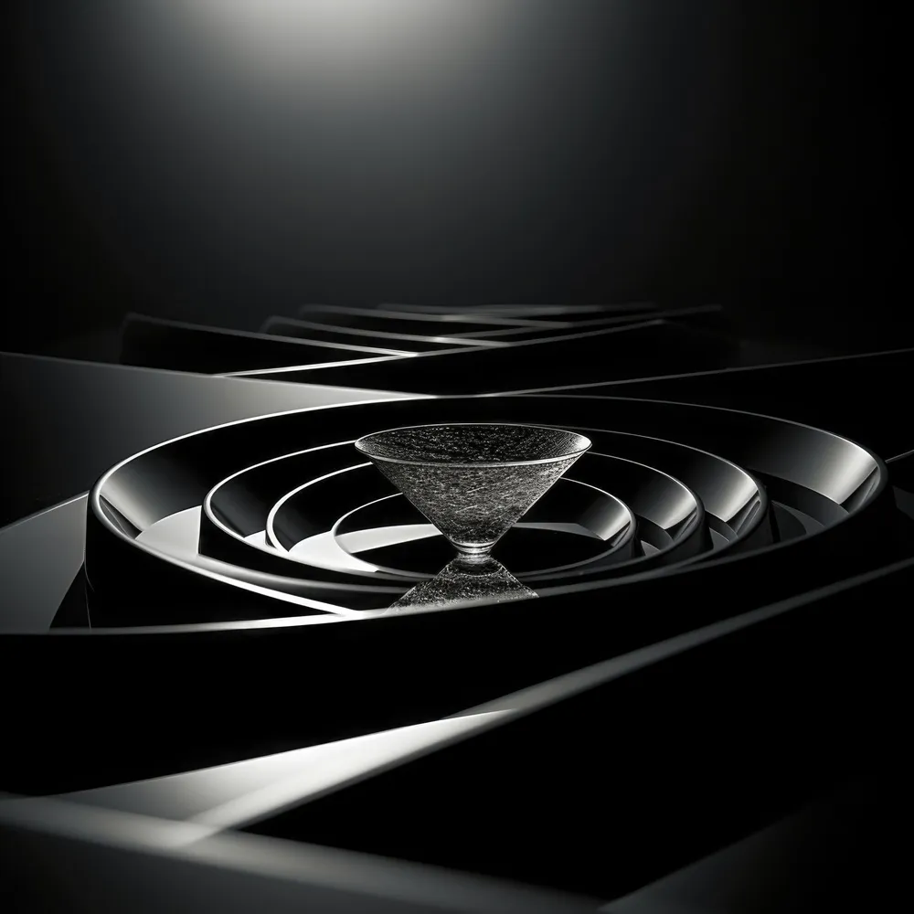 Taça no centro de espirais pretas com fundo escuro e iluminação.