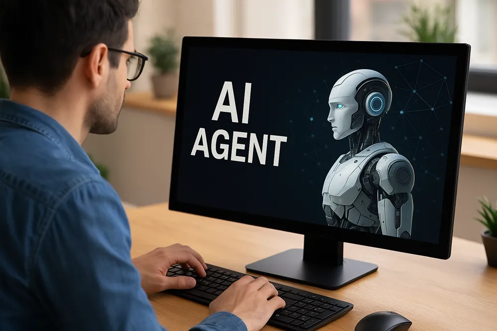 Homem usando computador com a tela exibindo um robô futurista e o texto “AI Agent”.