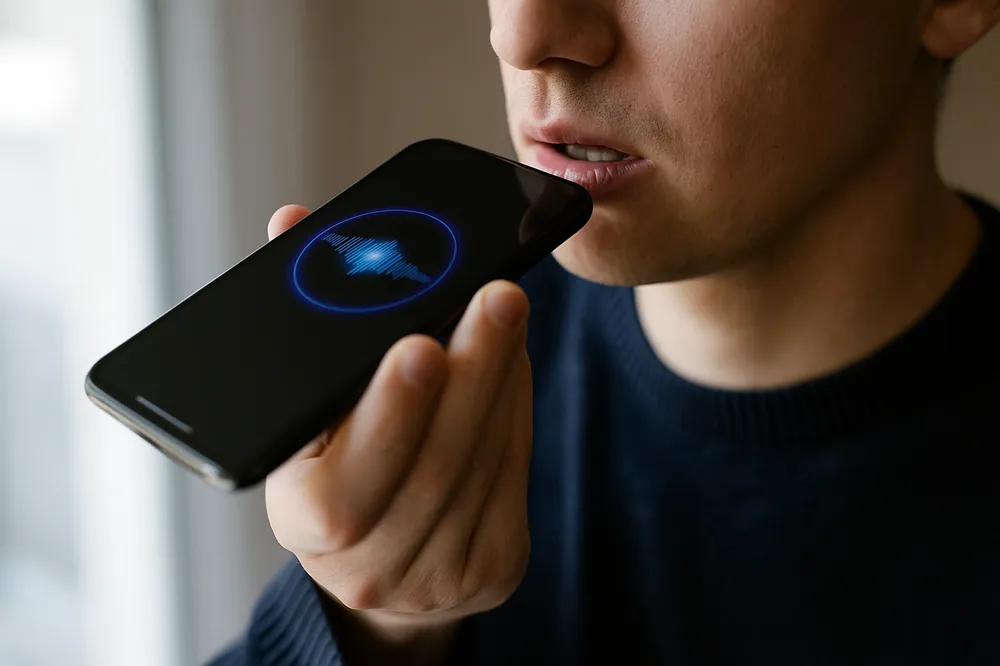 Pessoa segurando um smartphone próximo à boca enquanto utiliza comando de voz, com uma forma de onda azul visível na tela.