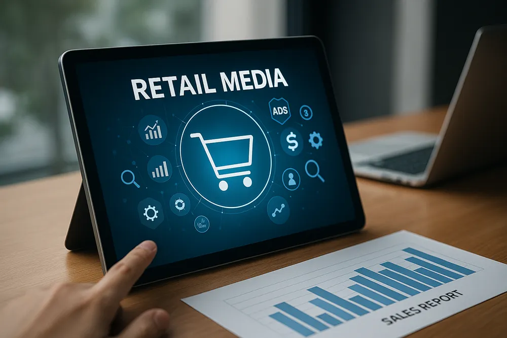 Tela digital com ícone de carrinho de compras cercado por símbolos de dados e tecnologia.