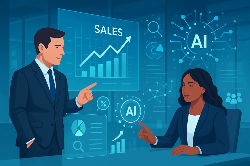 Ilustração de profissionais de vendas usando hologramas de IA e gráficos.