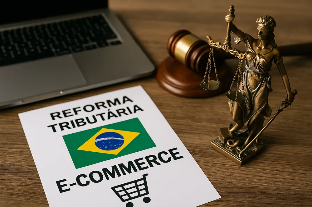 Mesa com balança da justiça, martelo, laptop e referência à reforma tributária no e-commerce.
