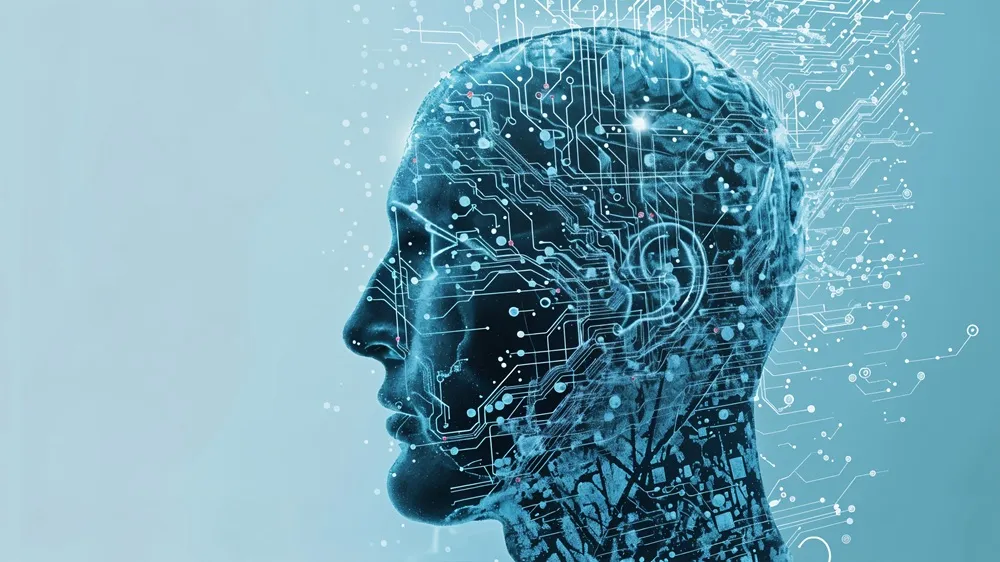 Cabeça humana estilizada em tons de azul com circuitos eletrônicos sobrepostos.