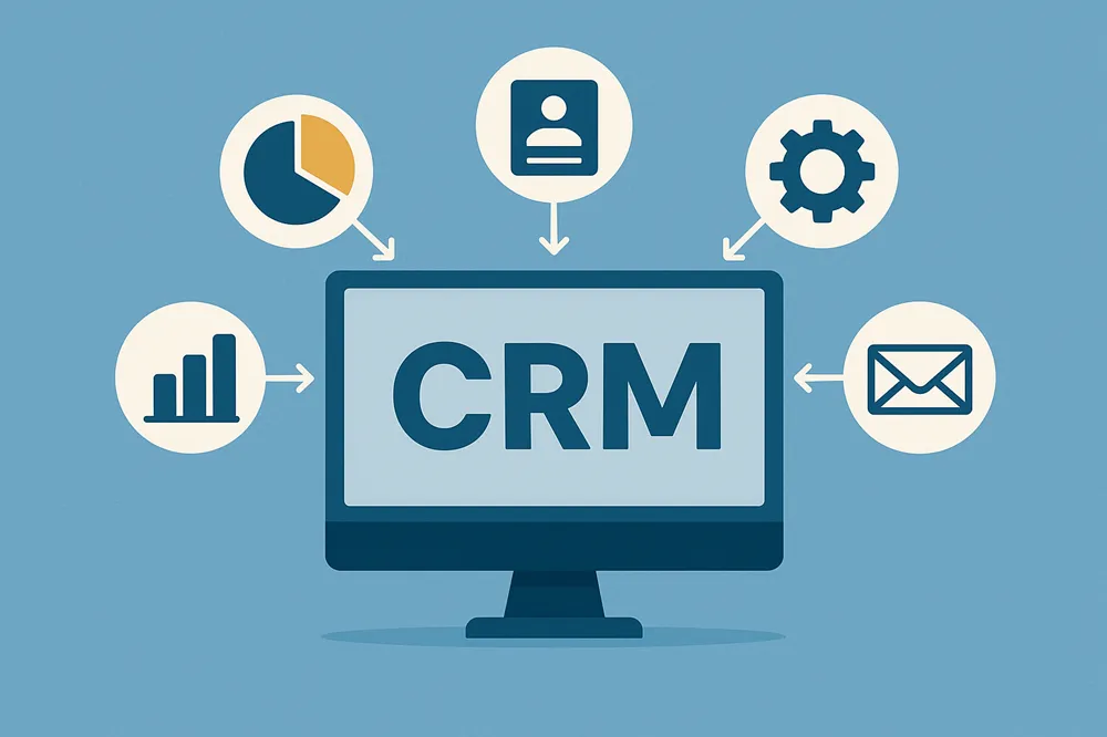 Ilustração de CRM com monitor central e ícones de gráfico, contato, engrenagem e e-mail conectados.