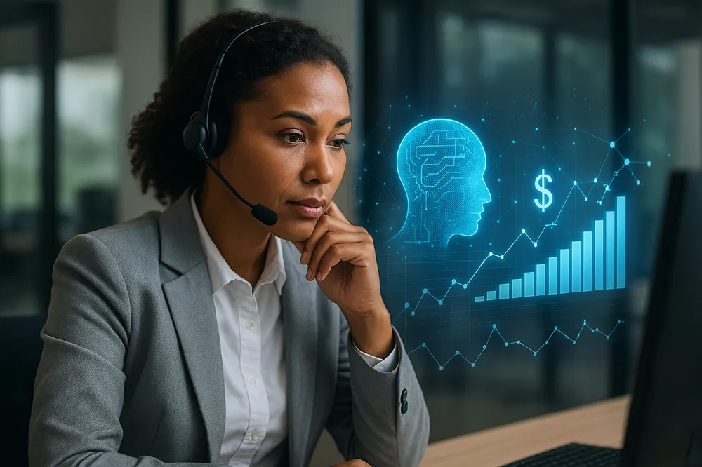 Mulher com headset em escritório analisando hologramas de inteligência artificial com gráficos financeiros.