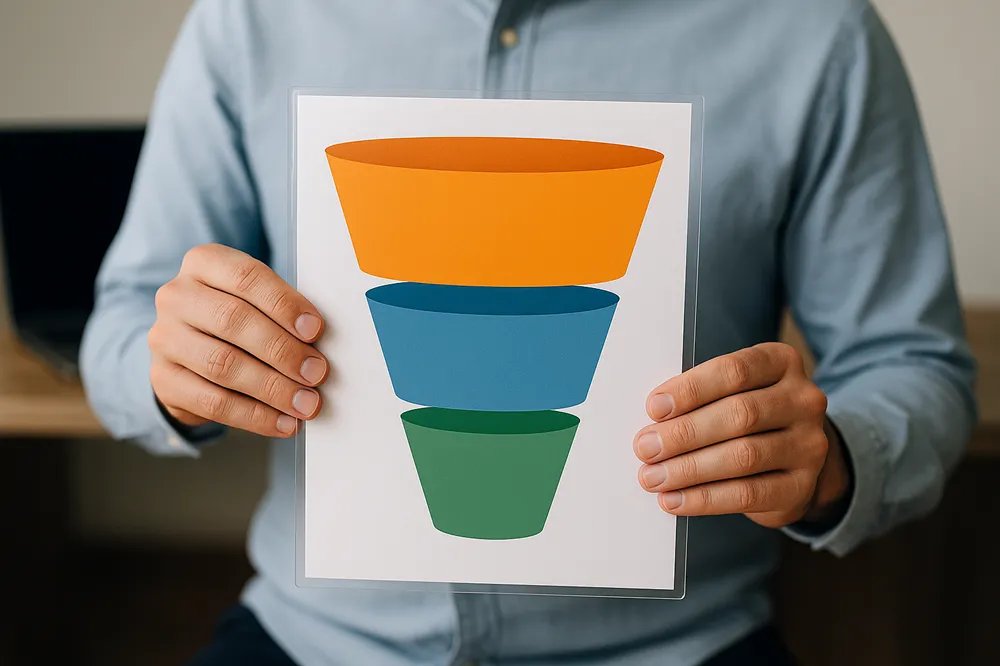 Pessoa com camisa azul segura um papel plastificado com um funil de vendas em três cores (laranja, azul e verde).