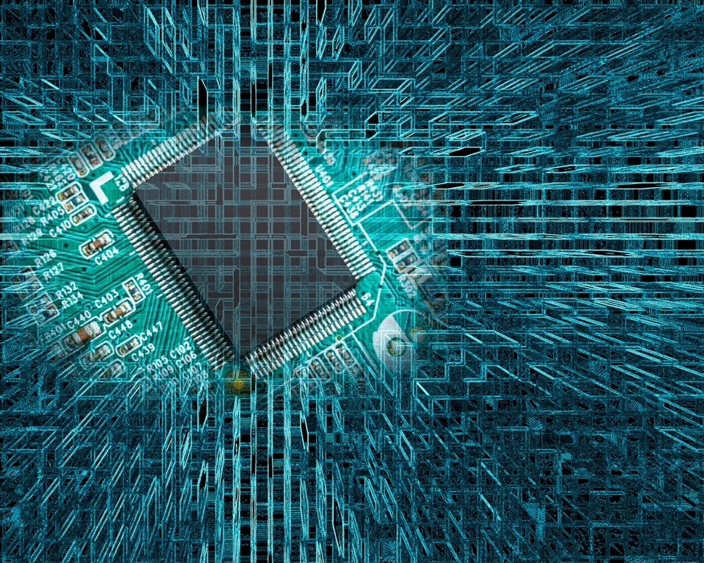 Chip eletrônico cercado por linhas digitais que simbolizam dados e infraestrutura de inteligência artificial.