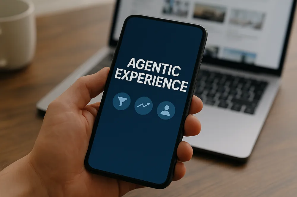 Mão segurando smartphone com a frase “Agentic Experience” na tela azul, diante de um notebook desfocado ao fundo.