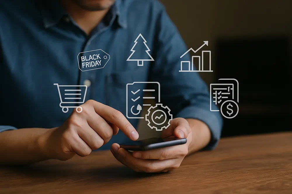 Pessoa usando celular com ícones de gestão e e-commerce flutuando na tela.
