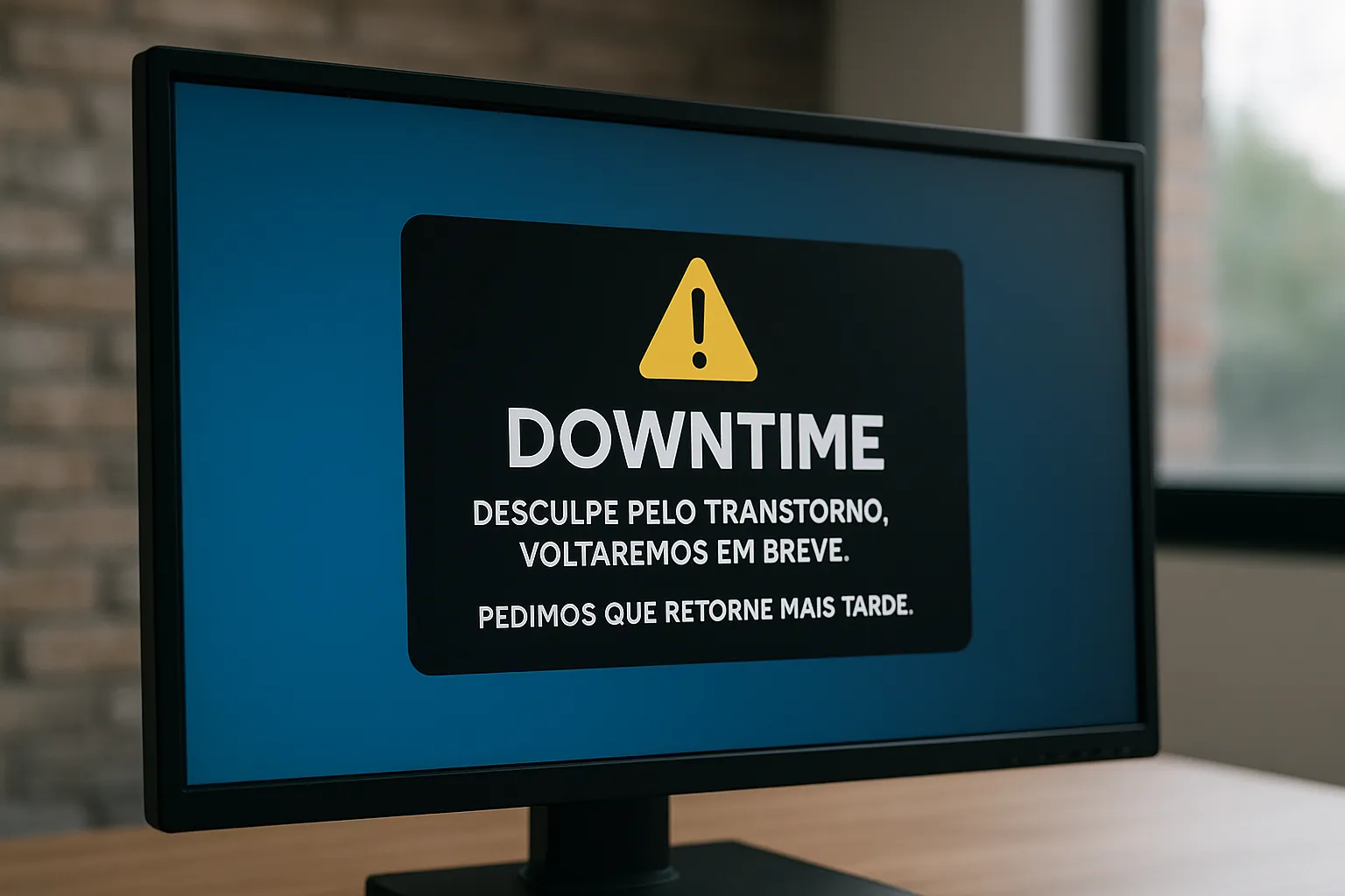 Monitor com aviso de downtime em português sobre fundo azul.