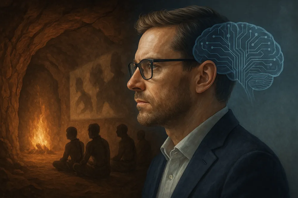 Homem pensativo entre caverna com prisioneiros e cérebro digital azul.