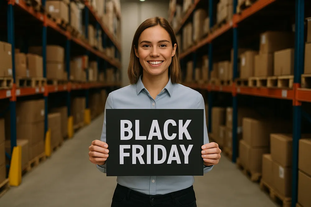 Mulher sorridente em armazém segurando uma placa preta com os dizeres “Black Friday”.