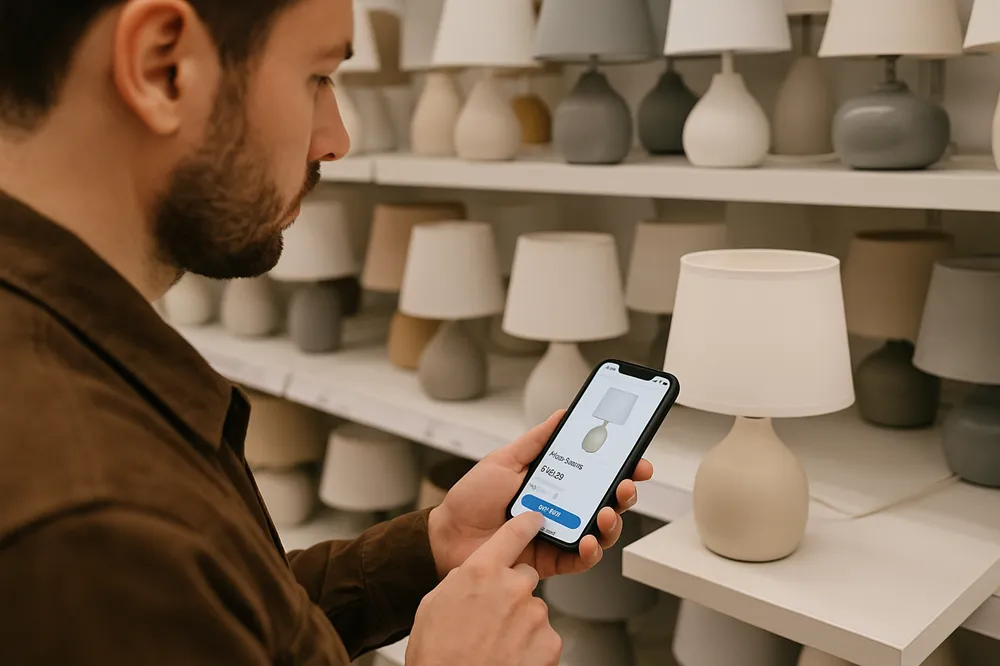 Homem pesquisando no celular o mesmo modelo de abajur exibido nas prateleiras de uma loja de decoração.