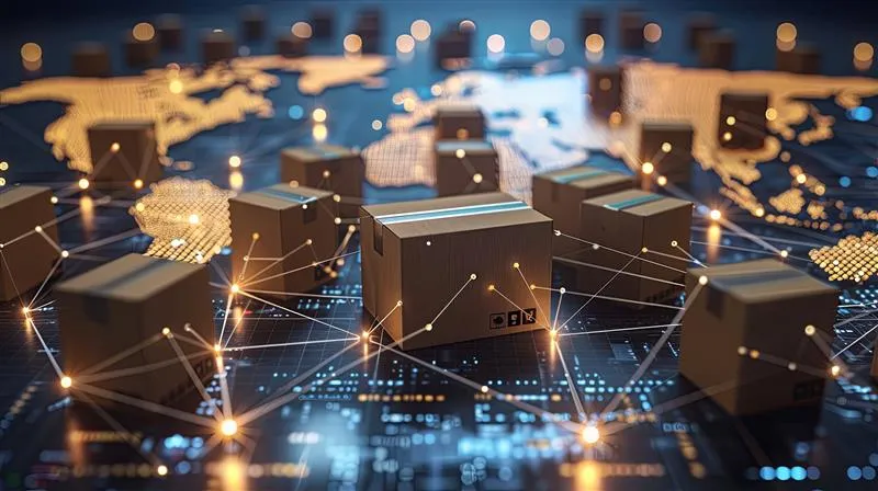 Várias caixas de papelão interligadas por linhas luminosas sobre um mapa-múndi digital.