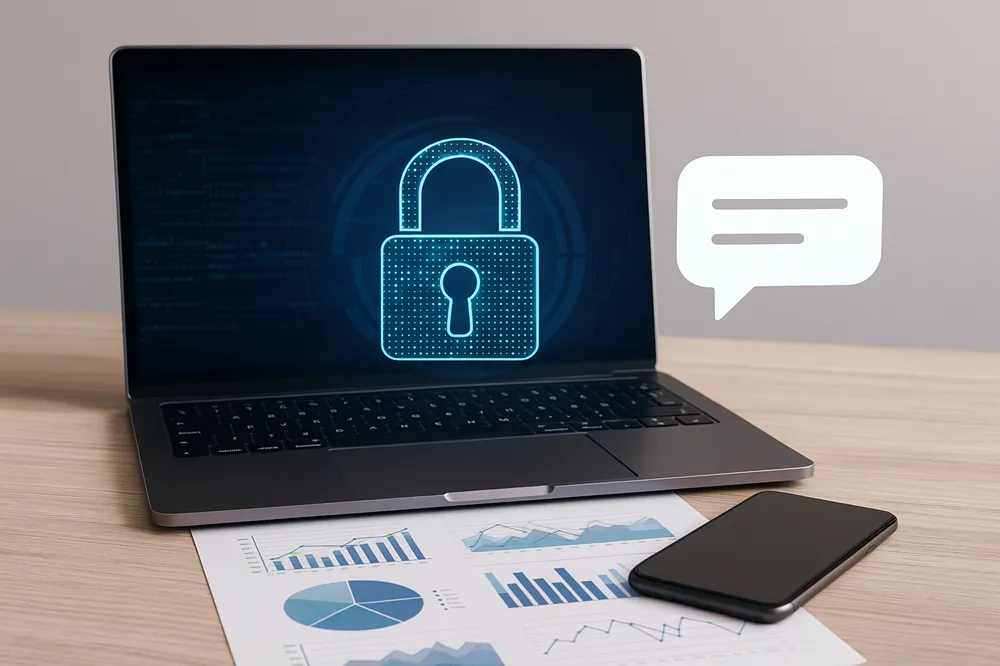 Laptop com ícone de cadeado digital na tela, gráficos impressos e smartphone sobre a mesa.