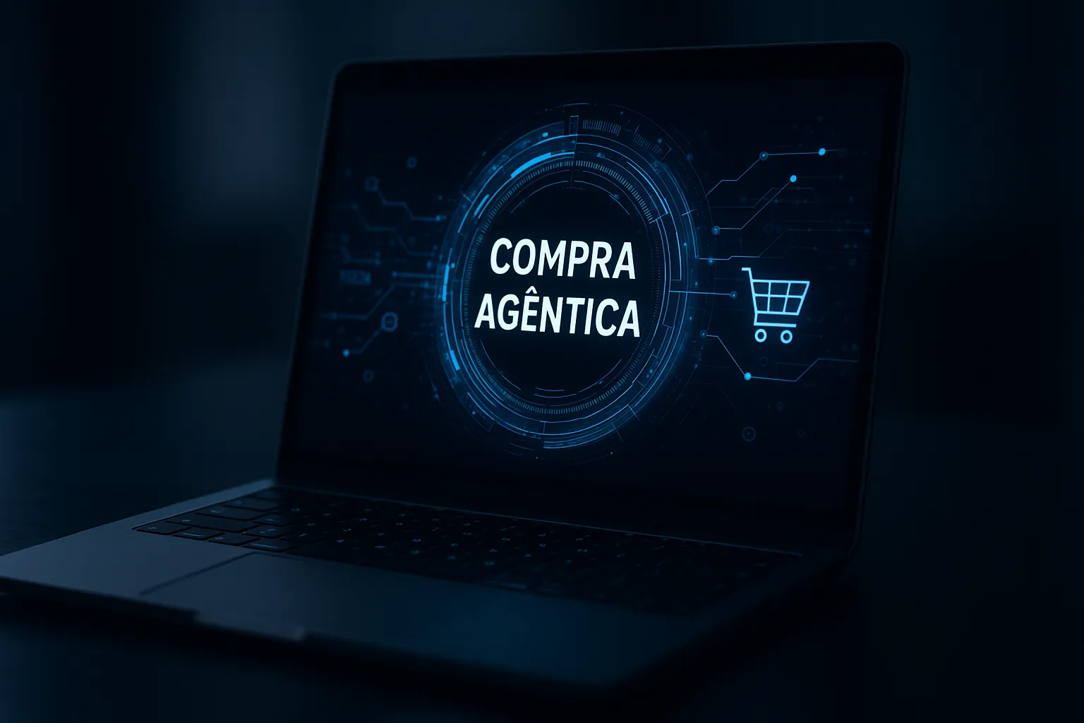 Interface futurista de e-commerce exibindo a expressão “compra agêntica” em uma tela digital com elementos de IA e dados, em tons de azul e preto.