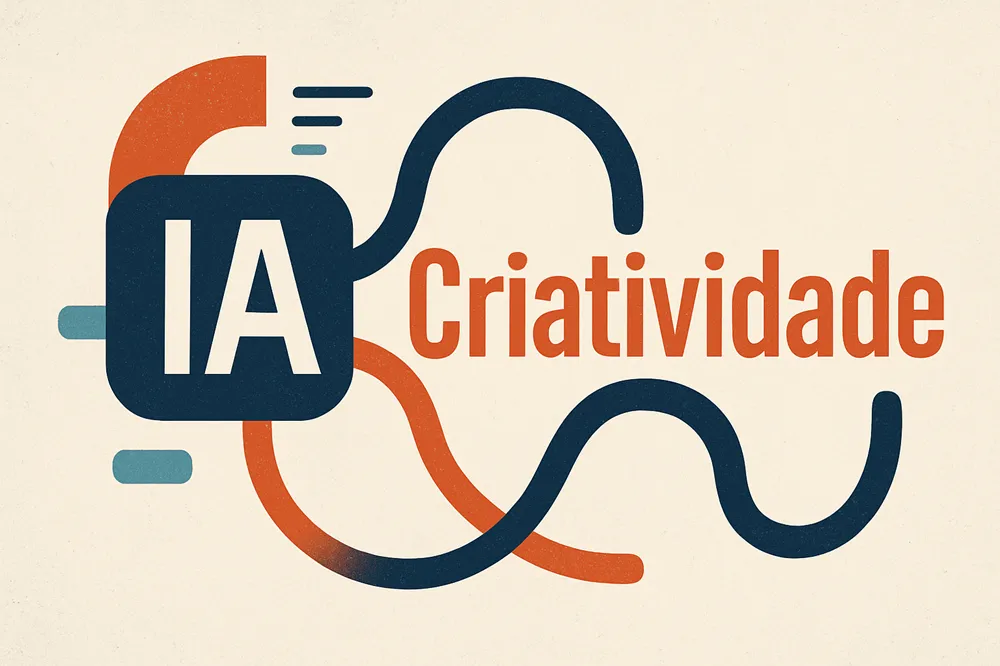 Palavras IA e Criatividade entrelaçadas em design moderno azul e laranja.