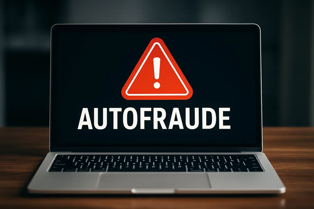 Notebook exibindo “AUTOFRAUDE” com ícone vermelho de alerta na tela.
