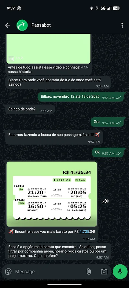 Chat no WhatsApp com o Passabot mostra busca de voo São Paulo–Bilbao em novembro de 2025, com opção mais barata por R$ 4.735,34.