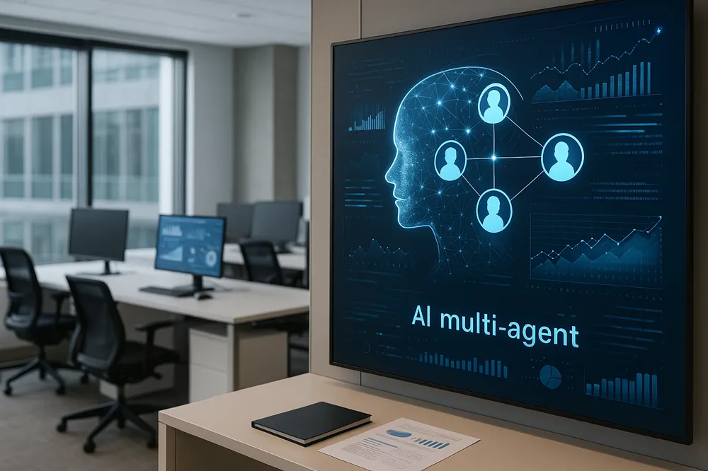 Tela em escritório mostrando visual de IA multiagente conectando vários ícones em rede.