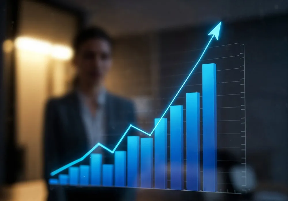 Gráfico de barras azul crescente com linha ascendente e uma mulher desfocada ao fundo.