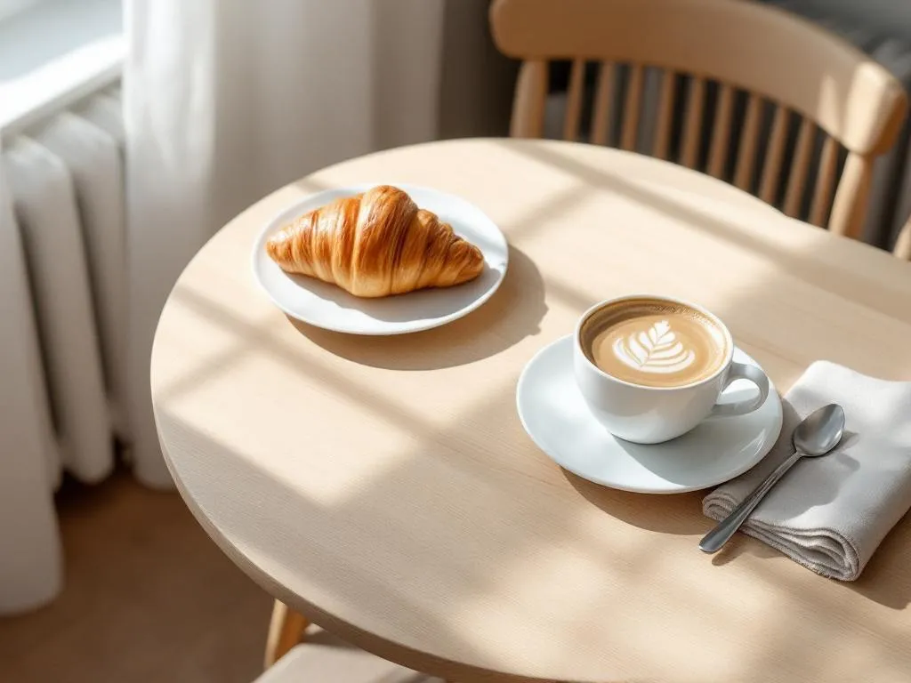 Capuccino e croissant colocados em uma mesa de madeira.