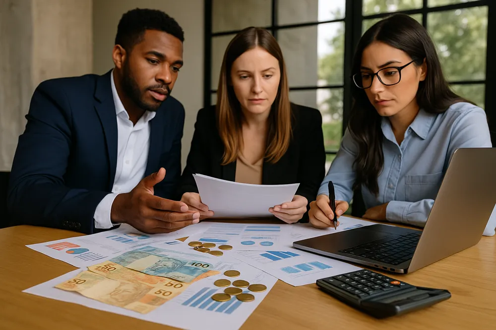 Três profissionais analisam gráficos, com notas de reais sobre a mesa, em escritório.