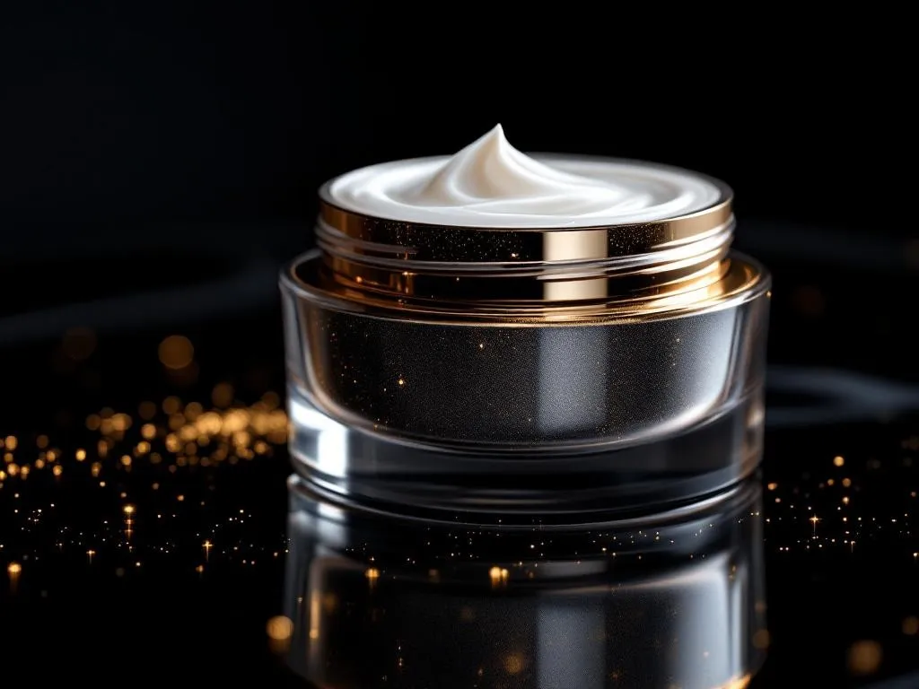 Pote de creme dourado sobre superfície escura com brilho.