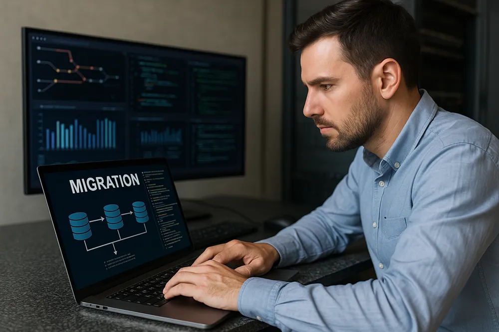 Engenheiro analisando migração de dados em um laptop, com gráficos e dashboards ao fundo.