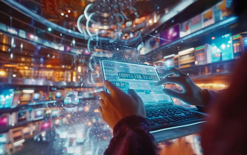 Pessoa interagindo com interface holográfica de dados em ambiente digital futurista.