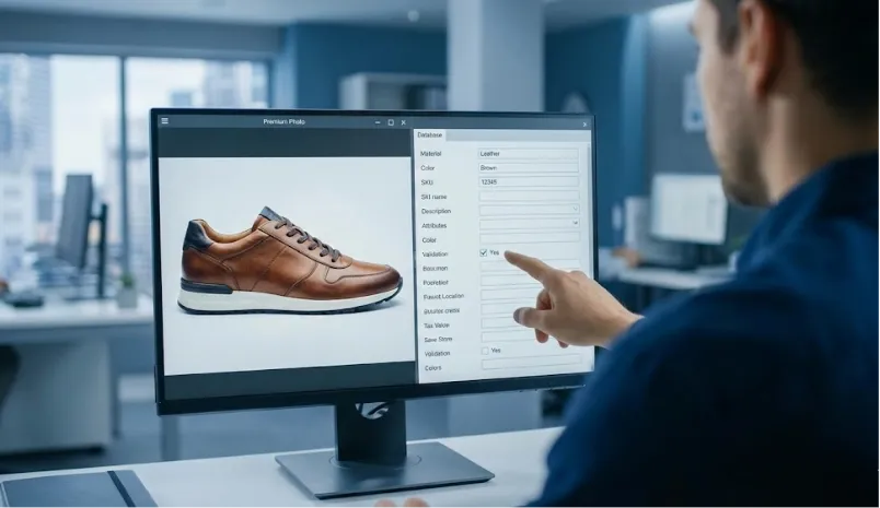 Homem em escritório ajustando informações de um tênis em um sistema de catálogo exibido no computador.