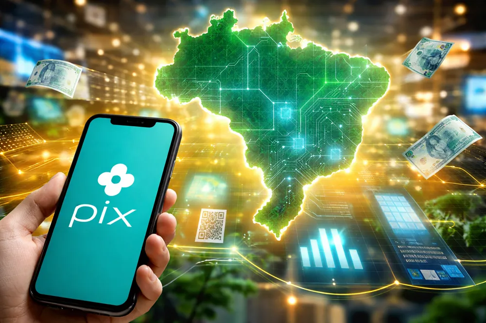 Ilustração realista do Pix no Brasil, com smartphone exibindo o logo, mapa do país digitalizado e elementos de pagamentos e tecnologia financeira.