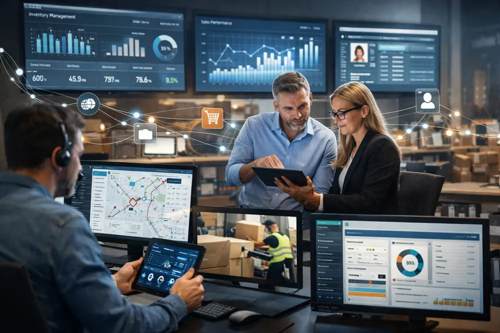 Equipe em centro operacional de e-commerce analisando dados integrados de estoque, vendas e logística em tempo real.