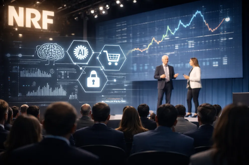 Executivos no palco da NRF 2026, com público desfocado e tela ao fundo exibindo ícones de IA, dados e e-commerce.