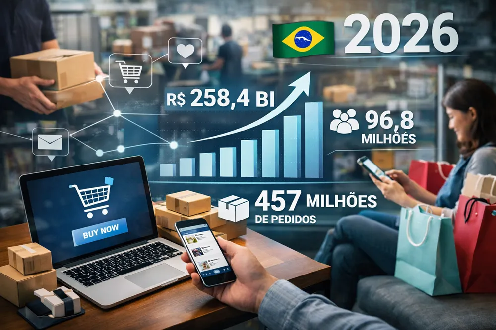 Pessoas comprando online pelo celular e computador, com pacotes, centro de distribuição ao fundo e gráfico de crescimento do e-commerce em destaque.