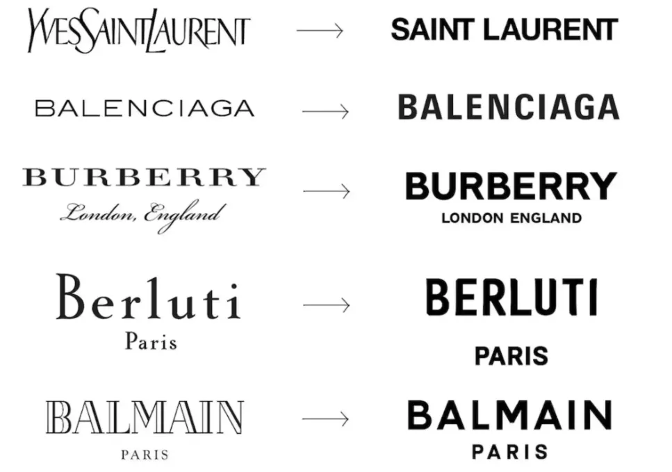 Comparativo de logotipos de marcas de luxo mostrando a transição de fontes clássicas e estilizadas para tipografias modernas, em negrito e sem serifa.