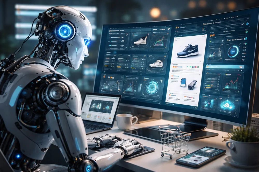Um robô analisando dashboards de e-commerce em um computador, com notebook, celular e um carrinho de compras sobre a mesa.